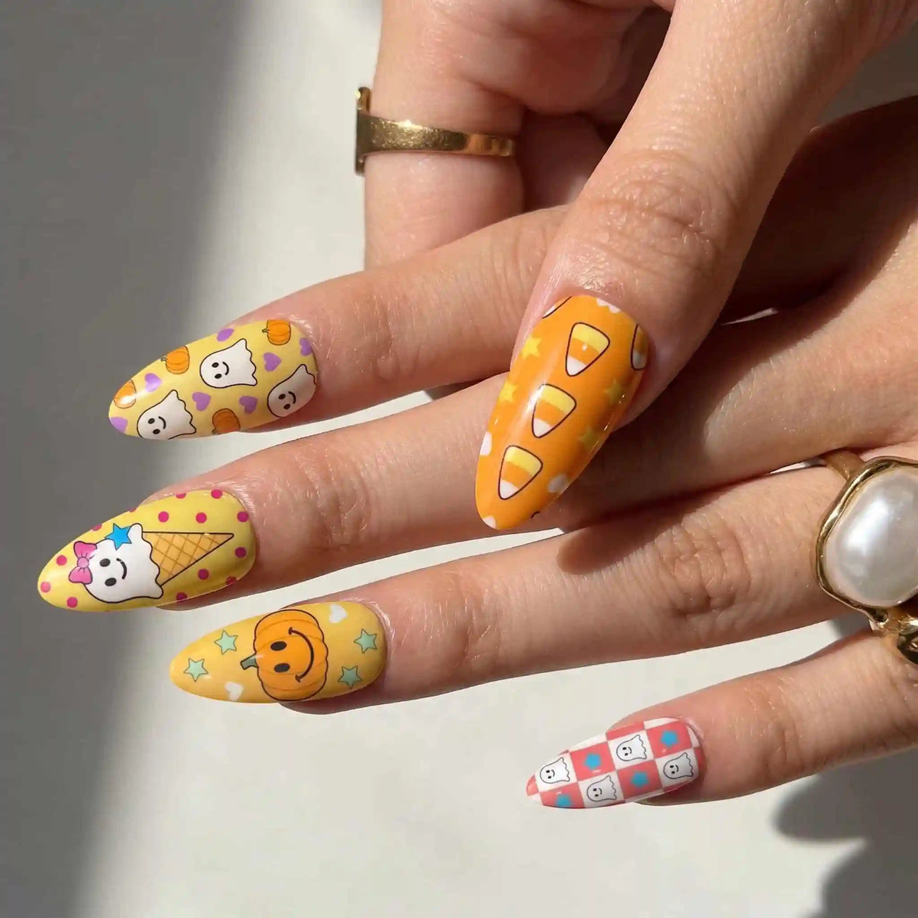 candy corn and ghost halloween press on nails detail, handmade glossy finish