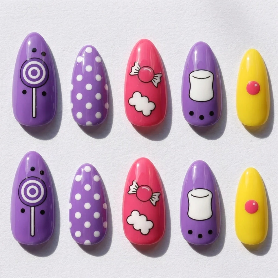 Candy Pop short almond press-on nails — candy, marshmallow, polka dots, and color blocking