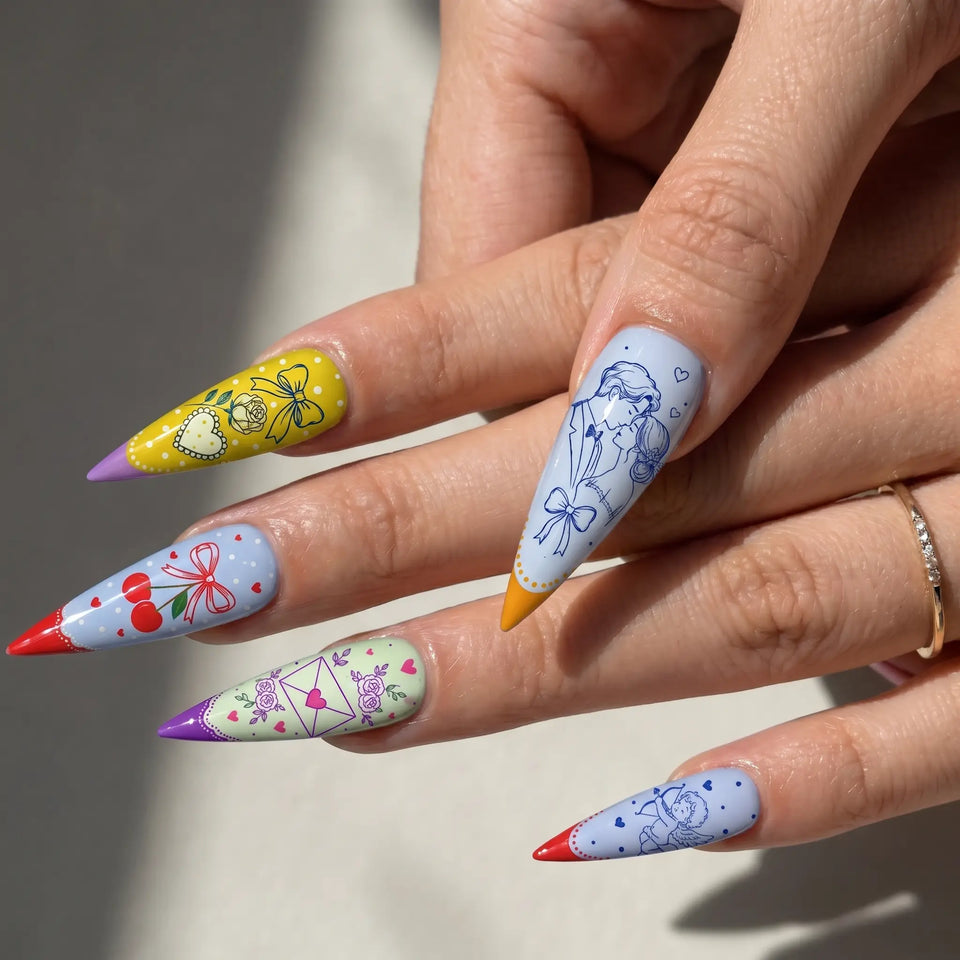 long glossy stiletto french tip press on nails worn look, cherry bow