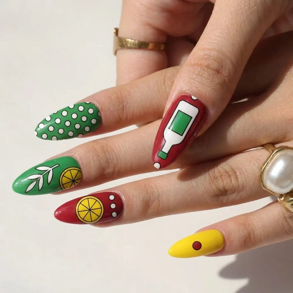 Citrus Spritz short almond press-on nails worn on hand — citrus slices, green leaves, dots, and bottle-inspired art