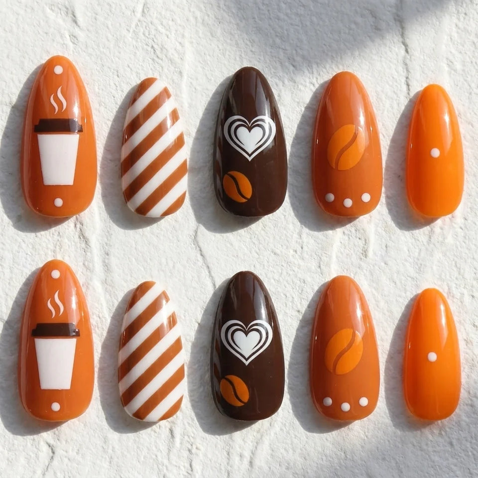 Coffee Crush short almond press-on nails — coffee cup, beans, caramel stripes, and heart art