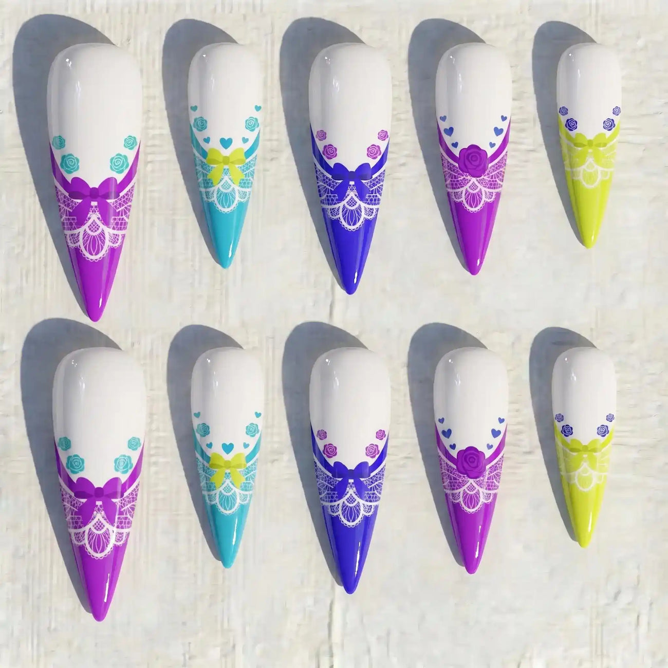 colorful lace french tip stiletto press on nails — wedding bridal design