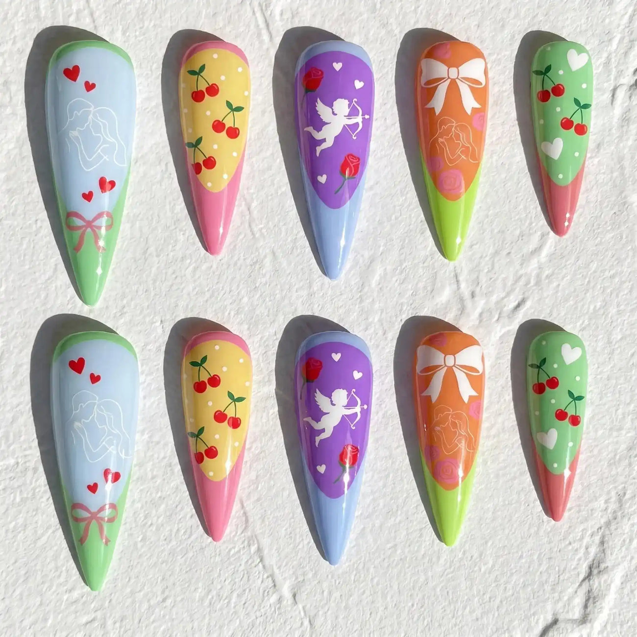 cupid cherry french tip stiletto press on nails — wedding bridal design