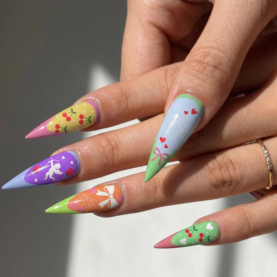 long glossy stiletto french tip press on nails worn look, cupid cherry