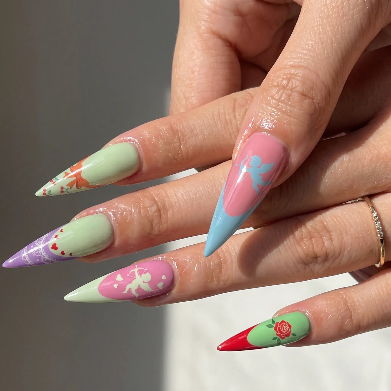 cupid rose wedding press on nails detail, handmade glossy finish