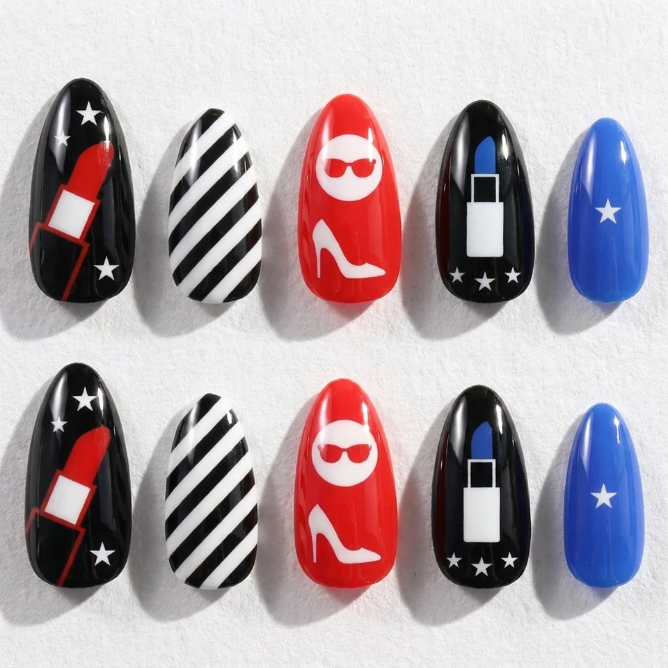 Glam Night short almond press-on nails — lipstick, sunglasses, heels, and graphic stripes
