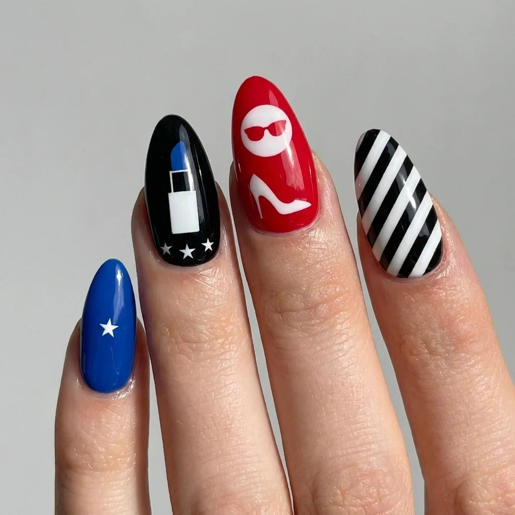 Glam Night short almond press-on nail art detail — lipstick, sunglasses, heels, and graphic stripes