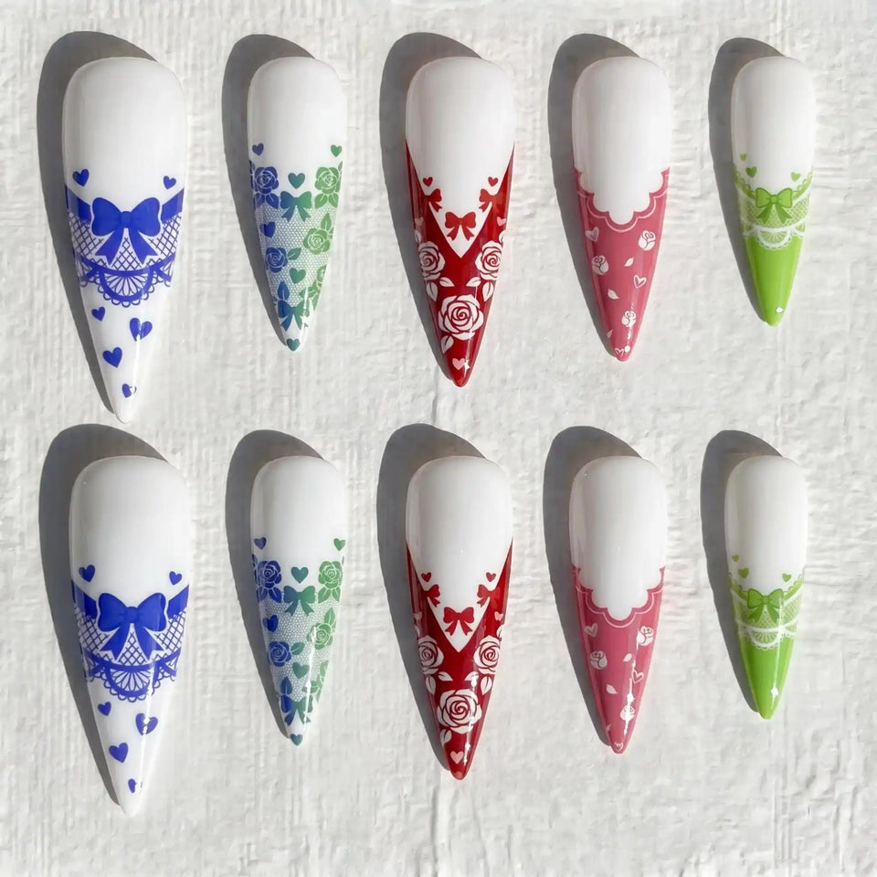 lace bow french tip stiletto press on nails — wedding bridal design
