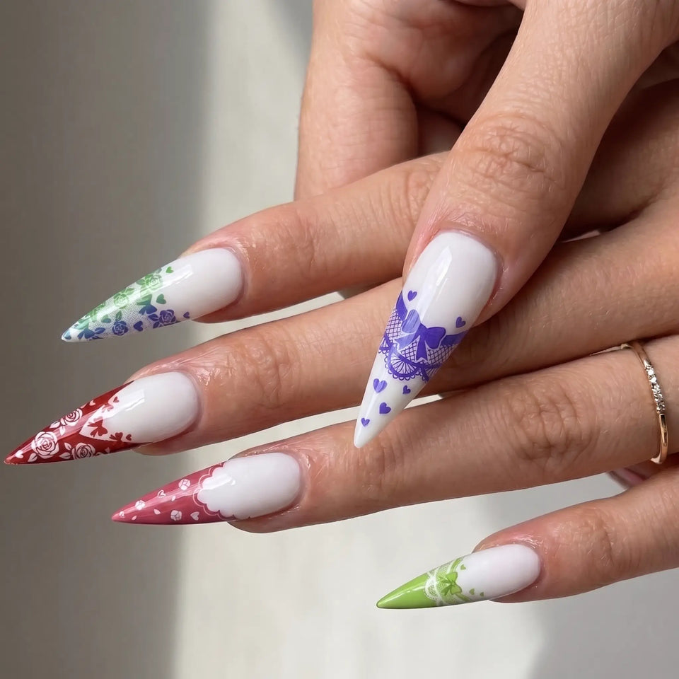 long glossy stiletto french tip press on nails worn look, lace bow