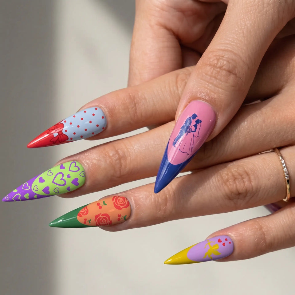 long glossy stiletto french tip press on nails worn look, love story