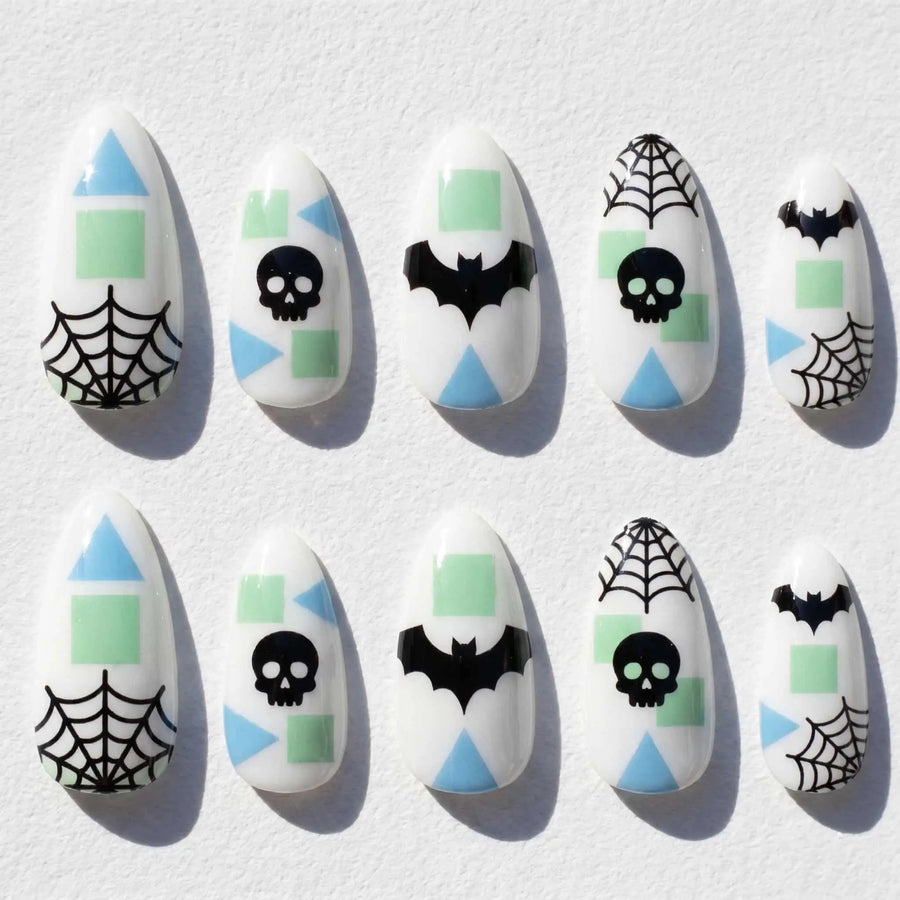 Mint Skull Bat Halloween Almond Press-On Nails