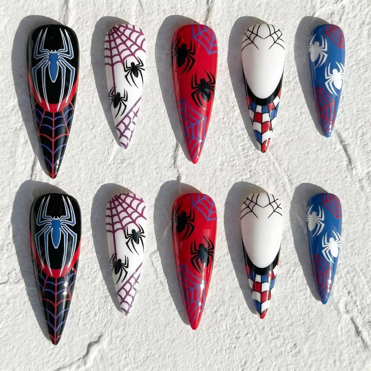 multicolor spider web stiletto press on nails — anime comic design