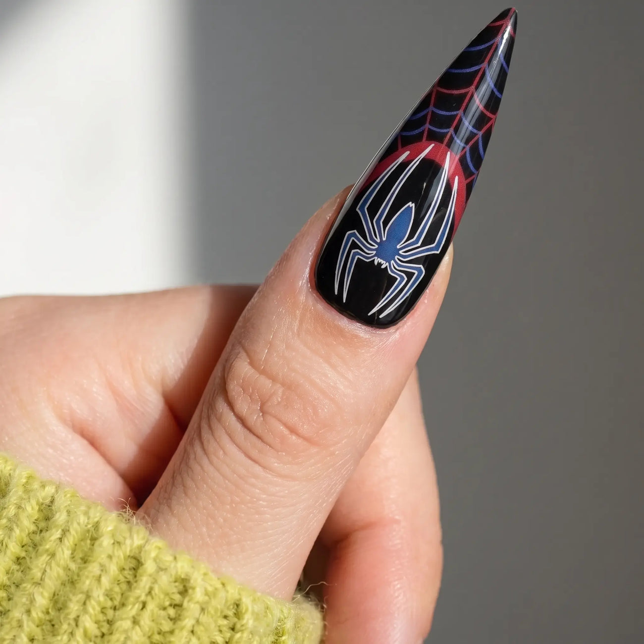 multicolor spider web press on nails detail, handmade glossy finish