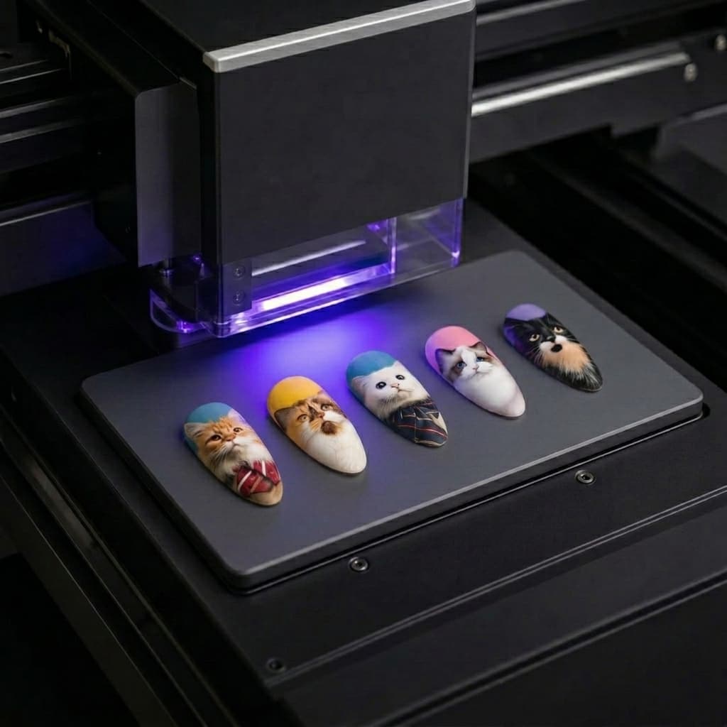 High-definition printer creating custom cat portrait nails