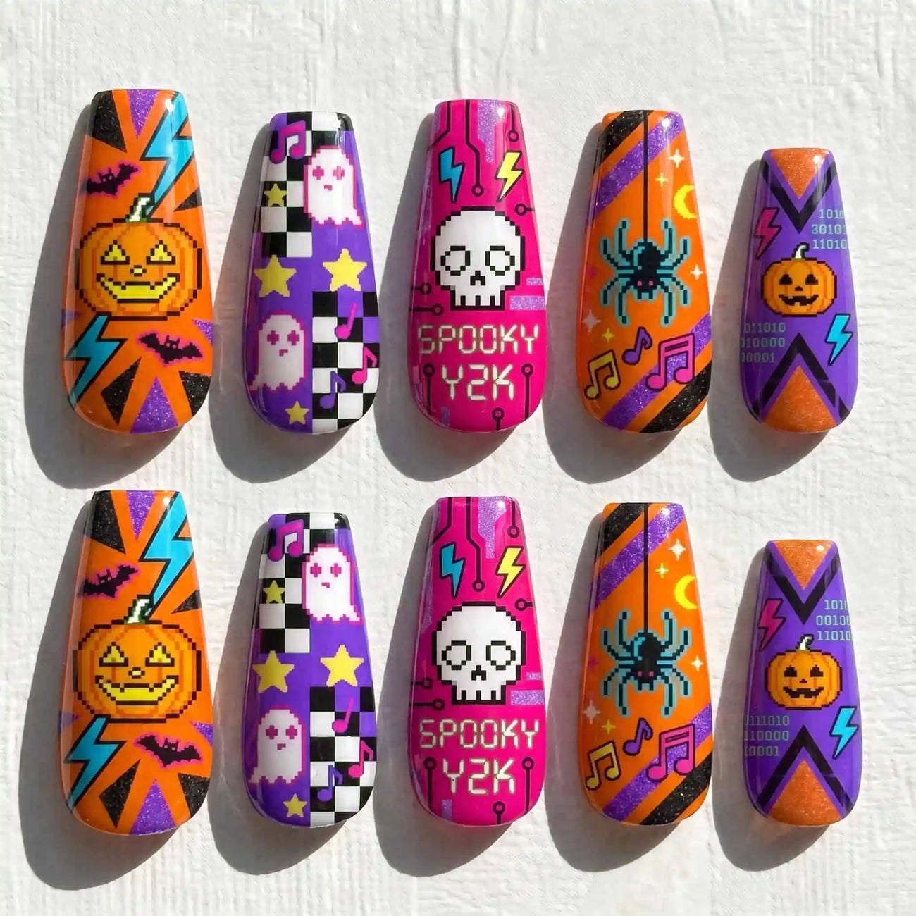 neon pumpkins, skulls, spiders, and lightning halloween coffin press on nails — spooky season design