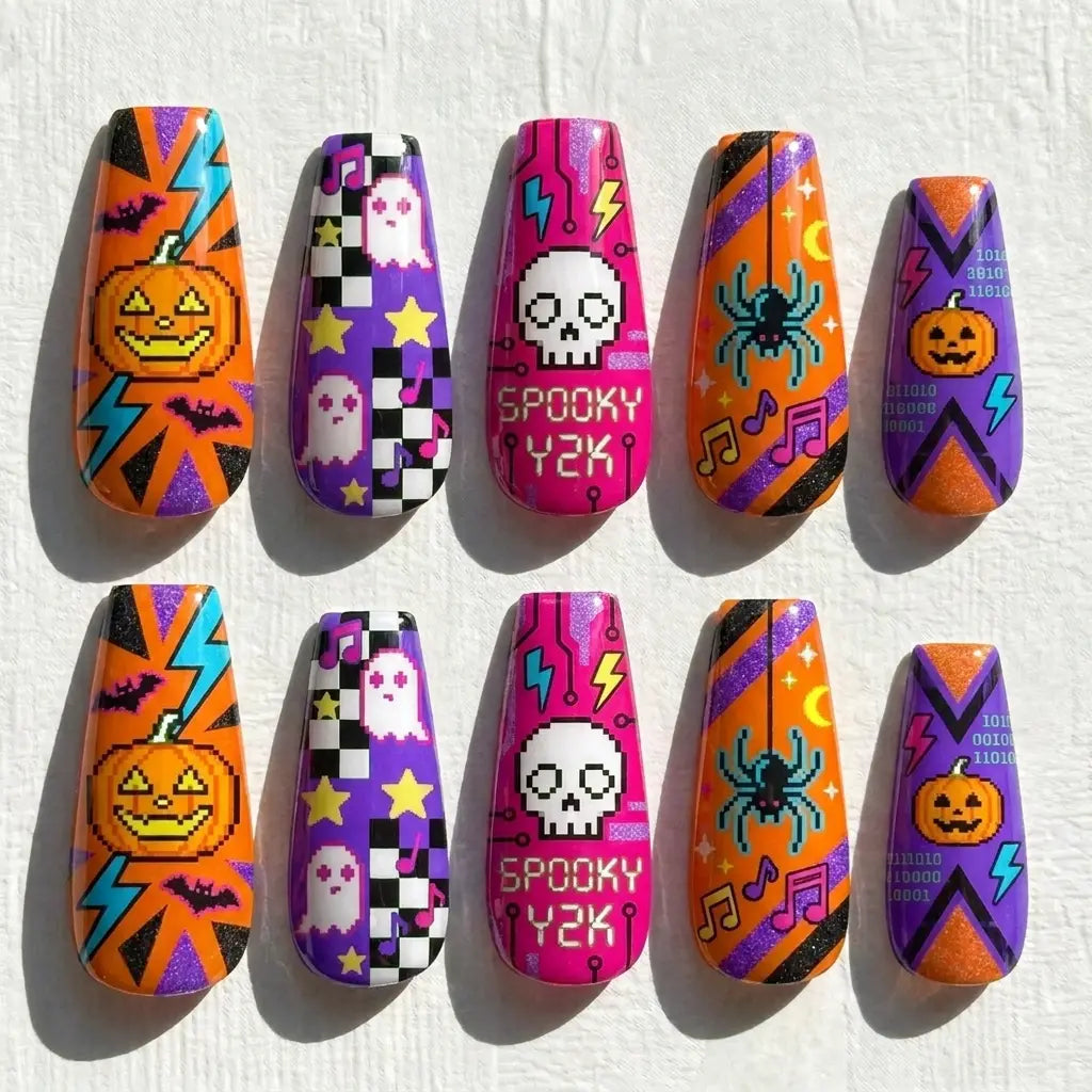 neon pumpkins, skulls, ghosts, and lightning halloween coffin press on nails — spooky season design