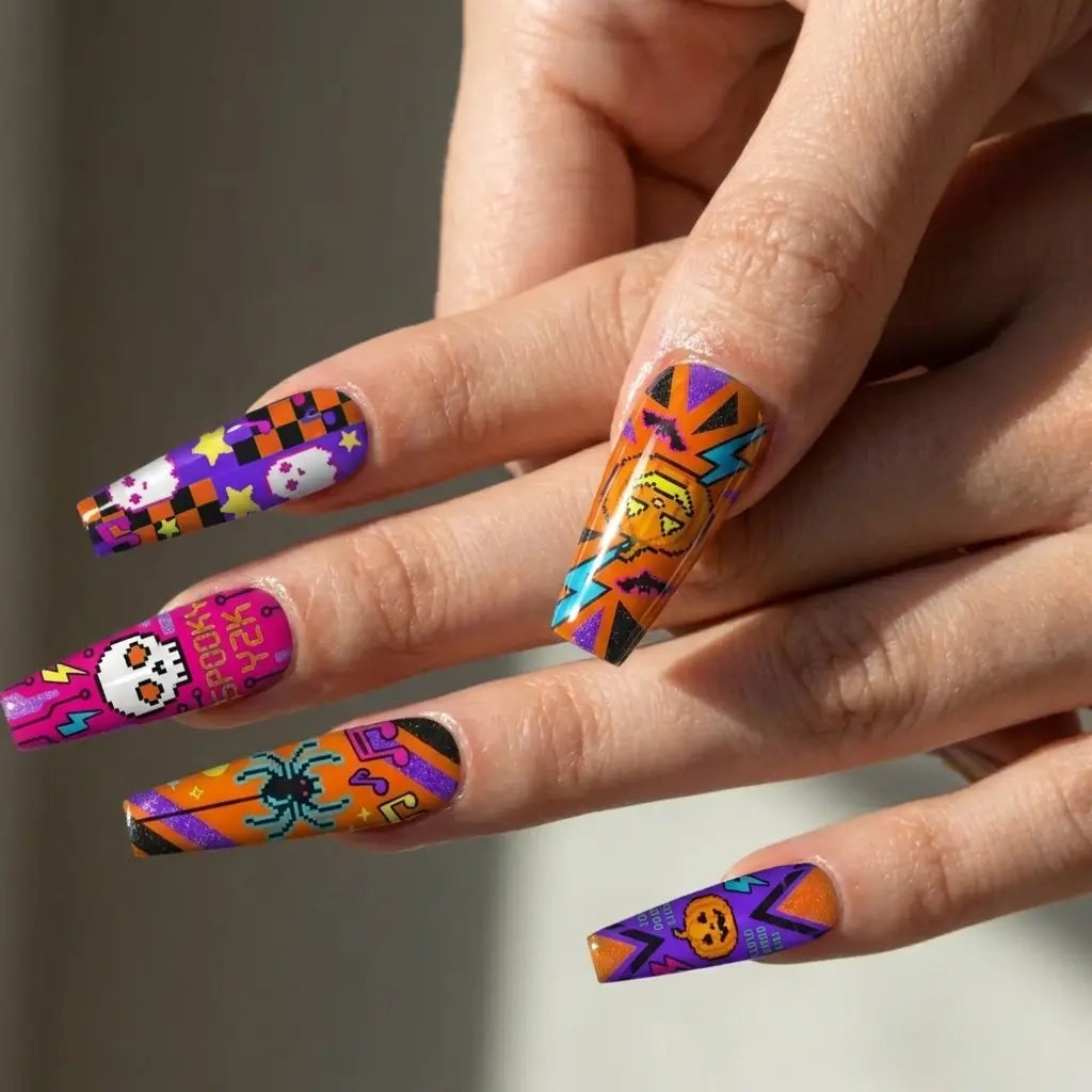 halloween coffin press on nails worn look, neon pumpkins, skulls, ghosts, and lightning