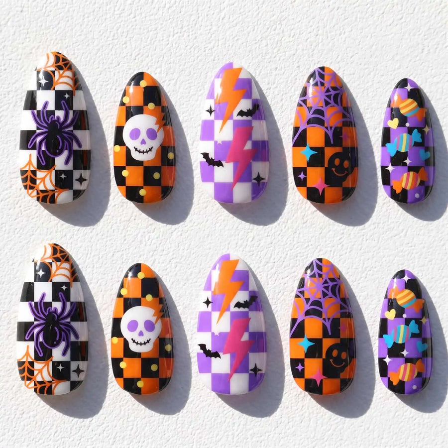 Orange Purple Patchwork Halloween Almond Press-On Nails