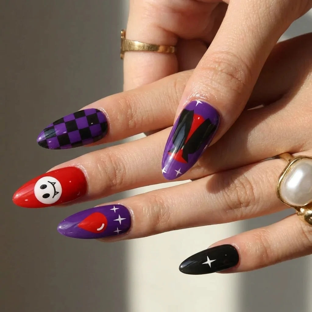 vampire fang and blood drip short almond press on nails detail, handmade glossy finish