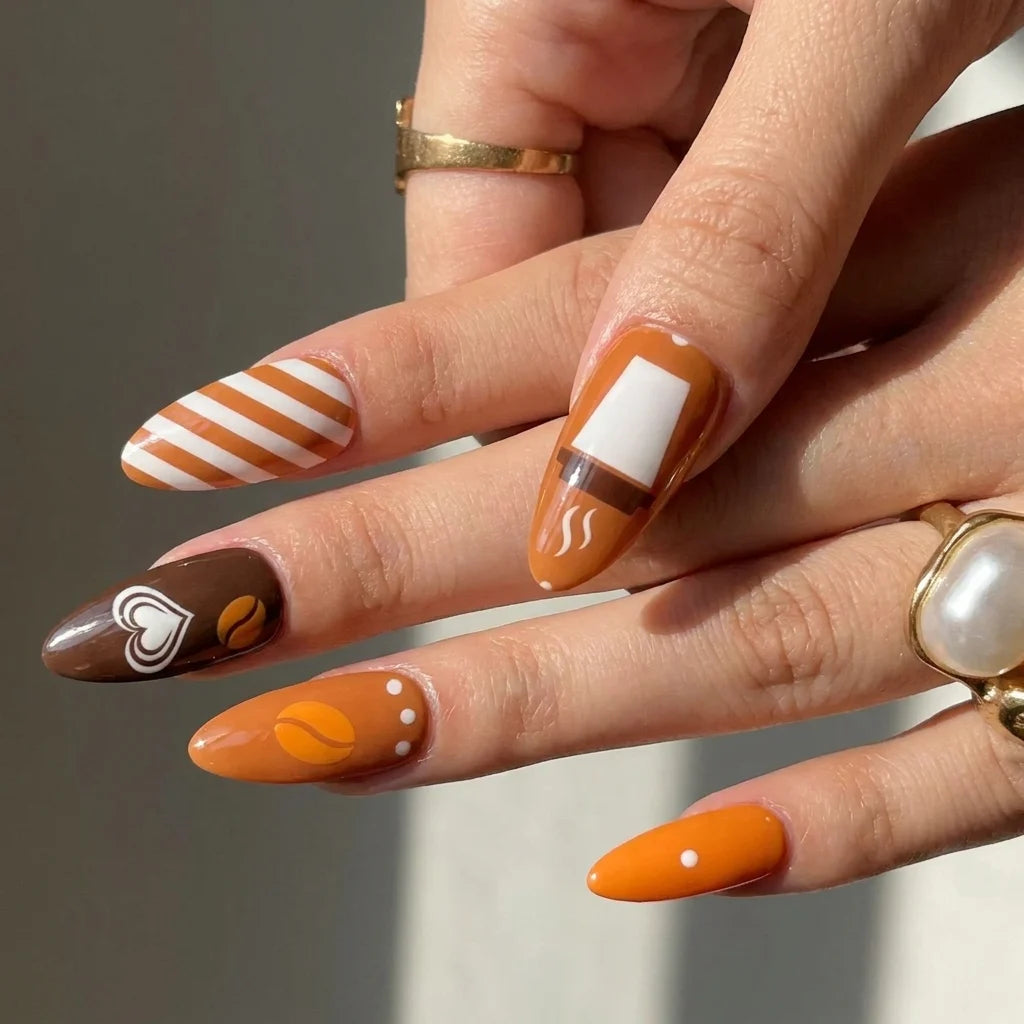 coffee cup and coffee bean short almond press on nails detail, handmade glossy finish