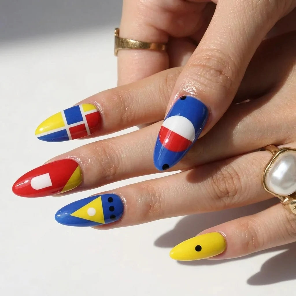 primary color geometric flag short almond press on nails detail, handmade glossy finish