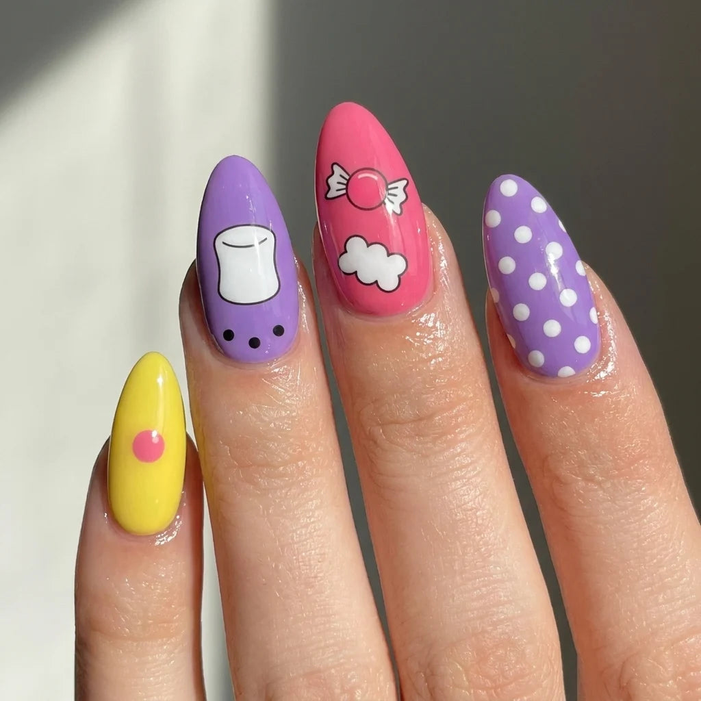 lollipop and marshmallow candy short almond press on nails detail, handmade glossy finish