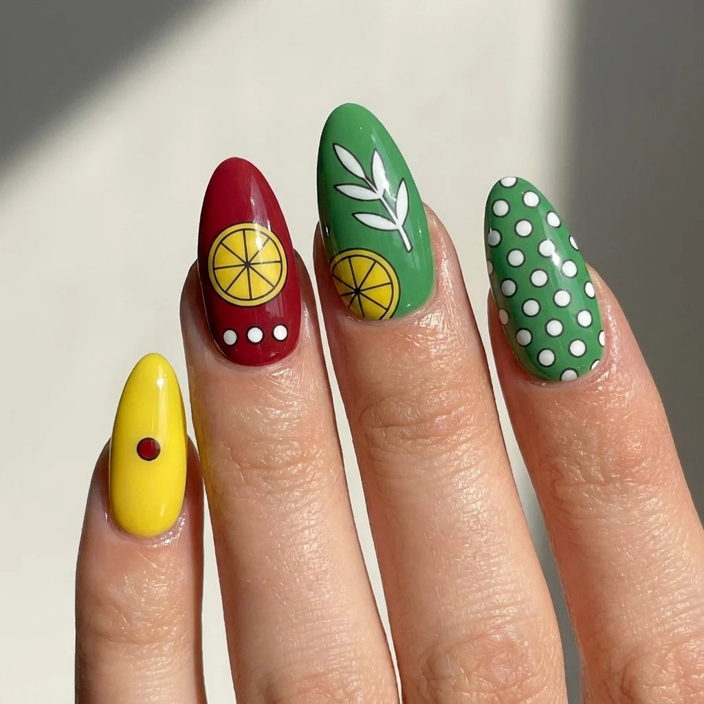 lemon slice and vine short almond press on nails detail, handmade glossy finish