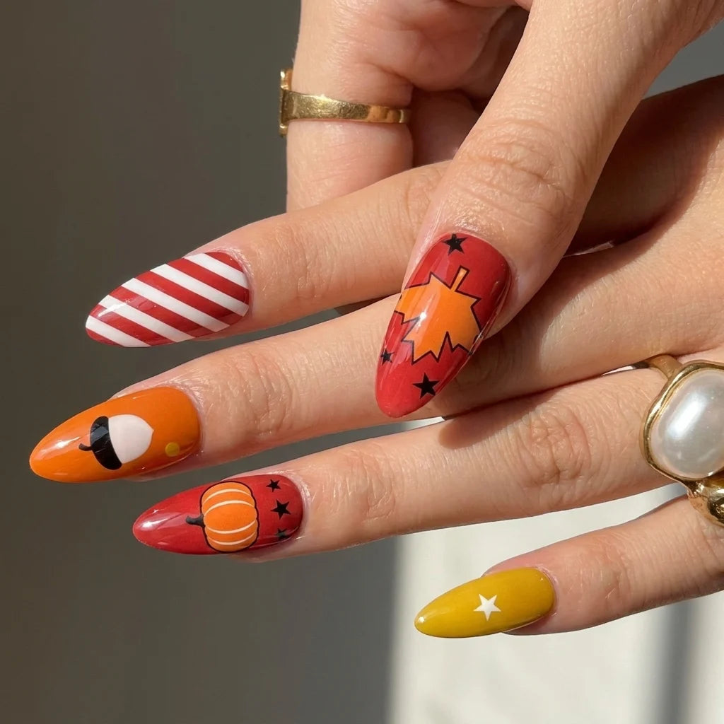 short almond press on nails worn look, pumpkin and maple leaf art