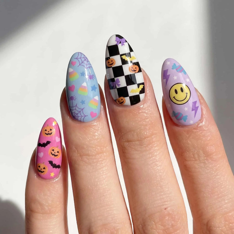 Pastel Ghost & Pumpkin Halloween Almond Press-On Nails