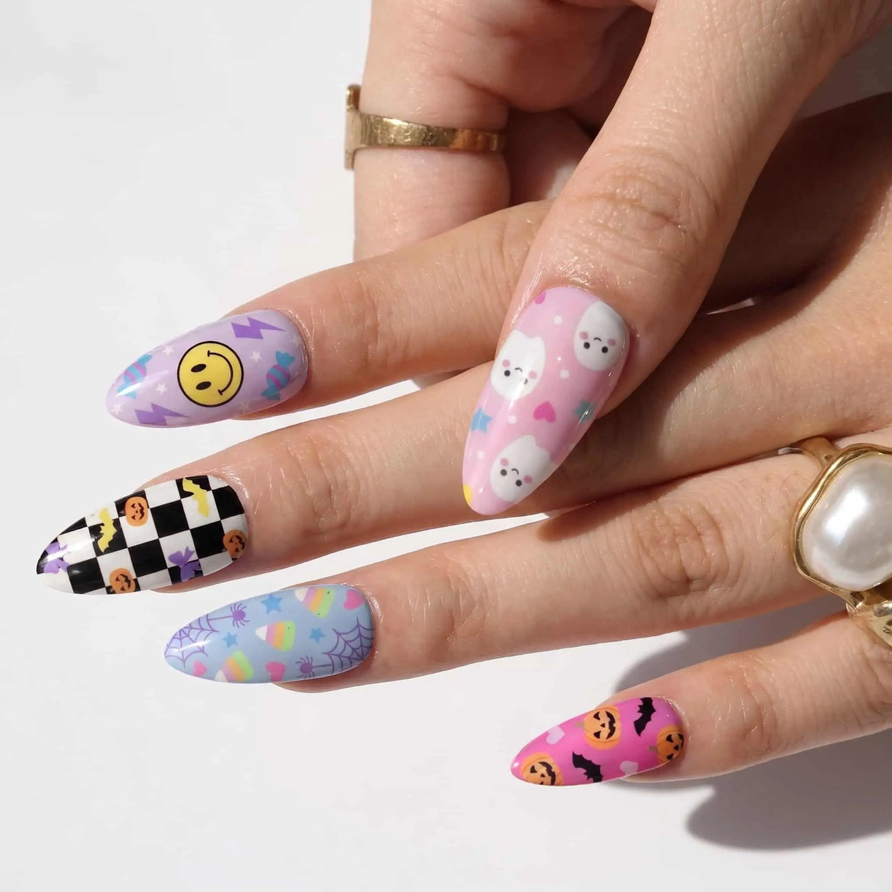 pastel ghost and pumpkin halloween press on nails detail, handmade glossy finish