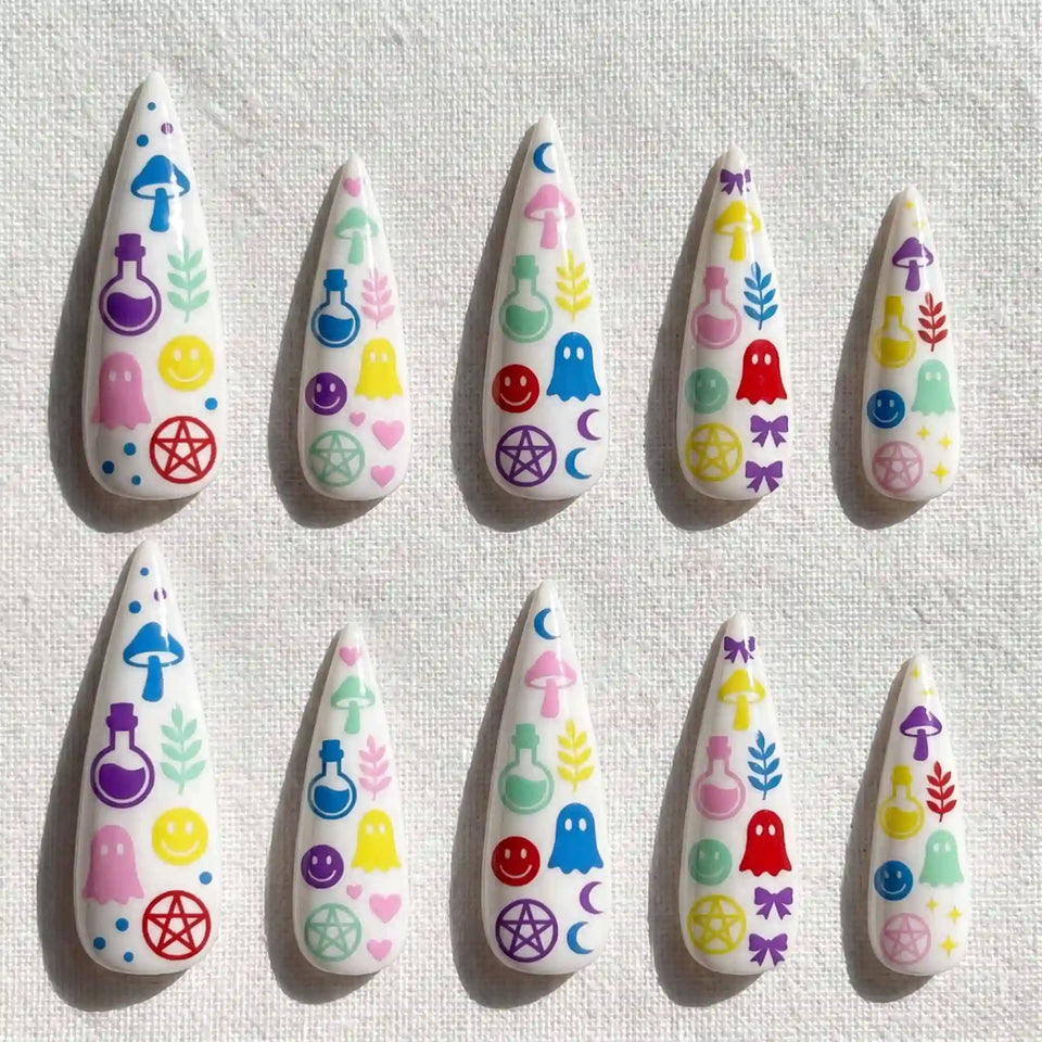 pastel potions, ghosts, mushrooms, and pentagrams halloween stiletto press on nails — spooky season design