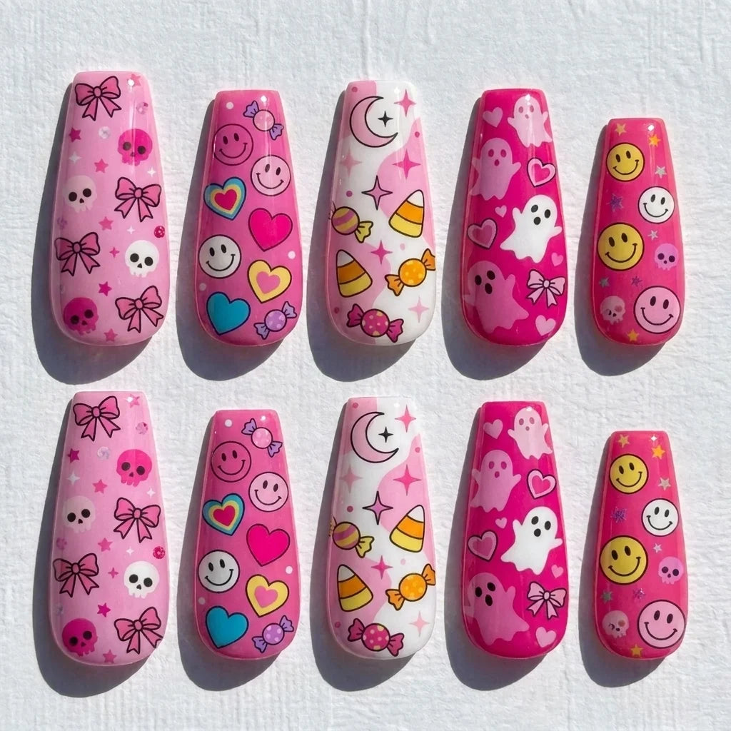 pink candy corn, ghosts, hearts, and bows halloween coffin press on nails — spooky season design