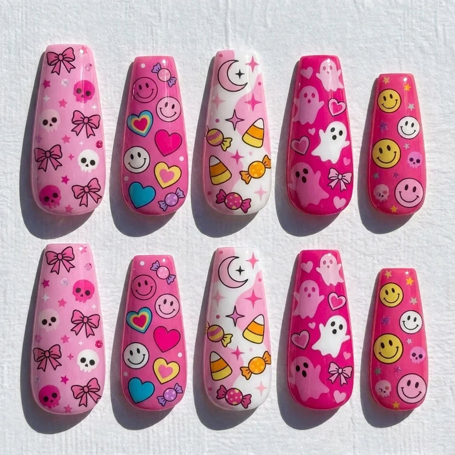 Pink Candy Corn Ghost Halloween Coffin Press-On Nails