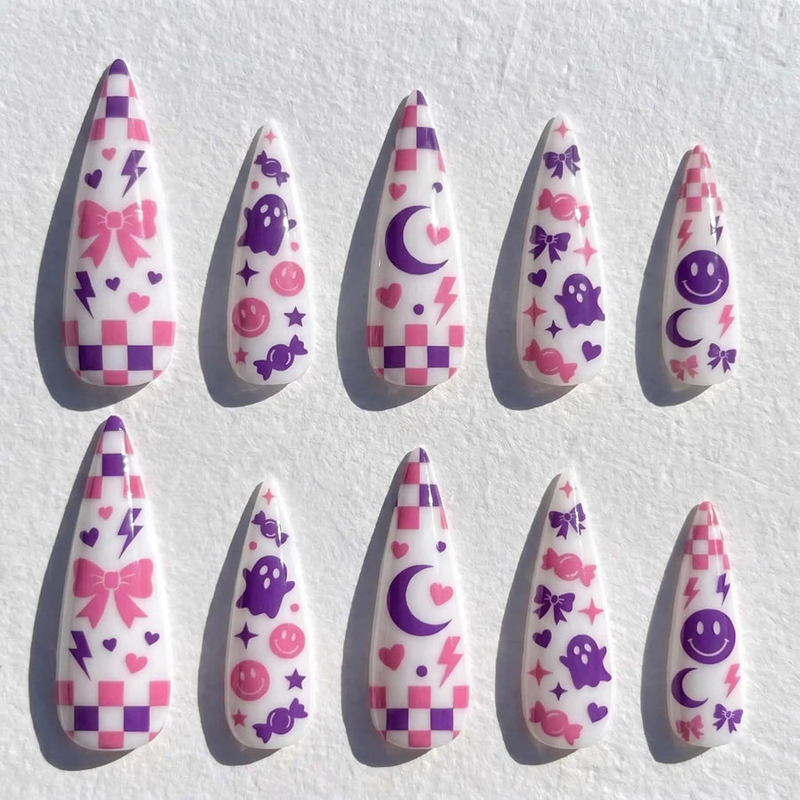 Pink Checkerboard Ghost Halloween Stiletto Press-On Nails
