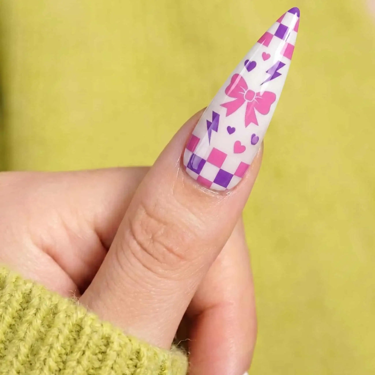 halloween stiletto press on nails worn look, pink checkerboard, ghost, and moon