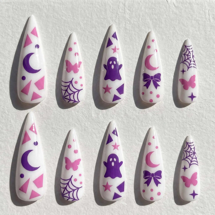 Pink Moon Bow Halloween Stiletto Press-On Nails