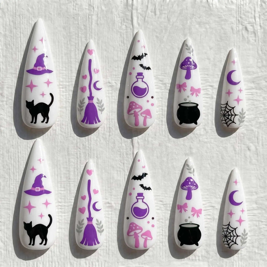 Pink Witch Cat Potion Halloween Stiletto Press-On Nails
