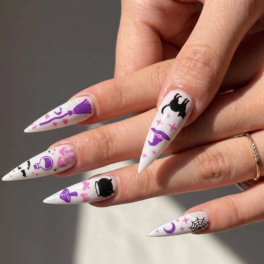 Pink Witch Cat Potion Halloween Stiletto Press-On Nails