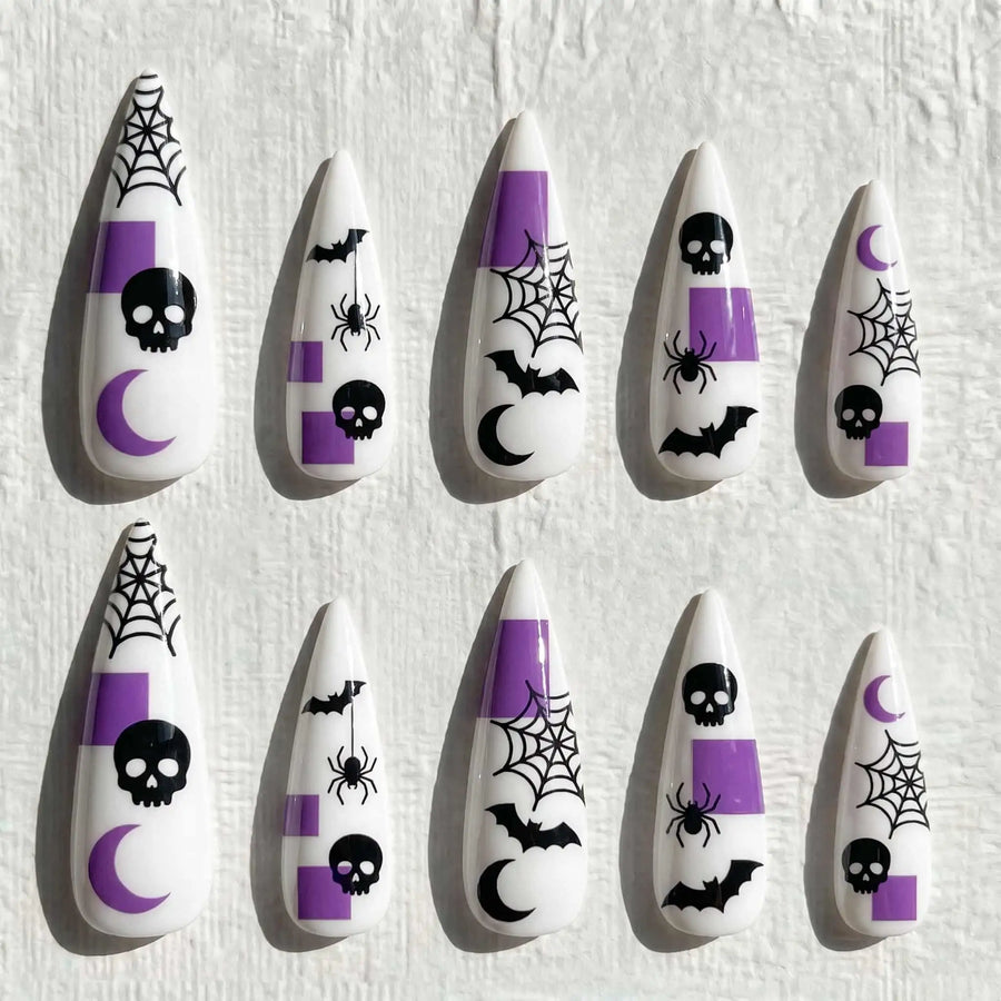 Purple Skull Spider Web Halloween Stiletto Press-On Nails
