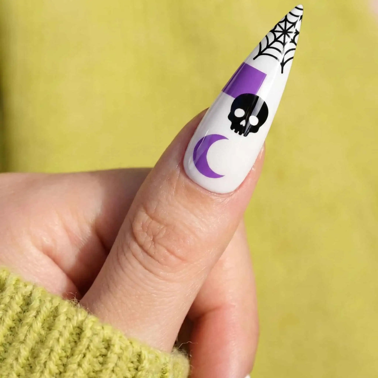 purple skulls, bats, and spider webs halloween press on nails detail, handmade glossy finish