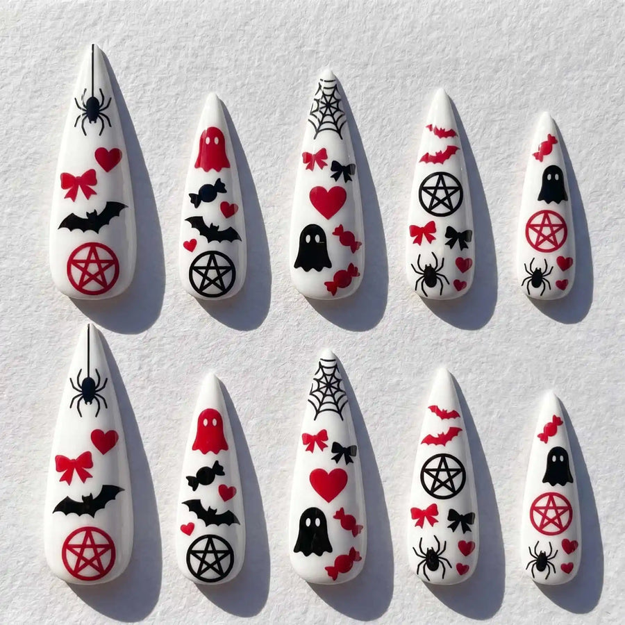 Red Heart Pentagram Halloween Stiletto Press-On Nails
