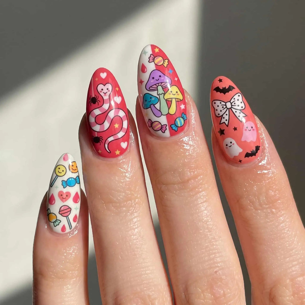 red spooky characters, bows, and spiders halloween press on nails detail, handmade glossy finish