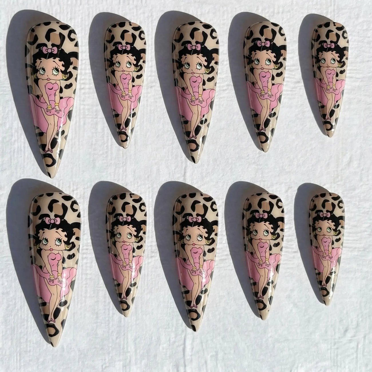 retro cartoon leopard stiletto press on nails — anime character design