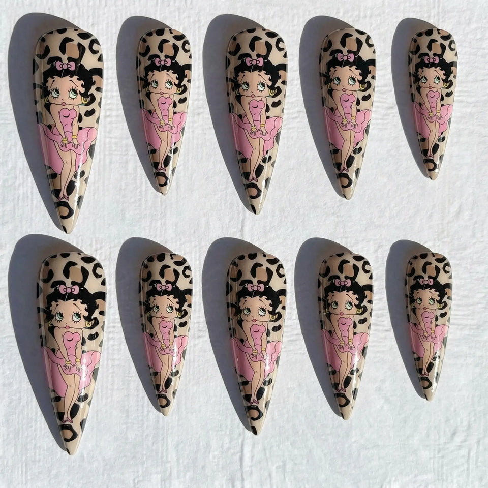 retro cartoon leopard stiletto press on nails — anime character design