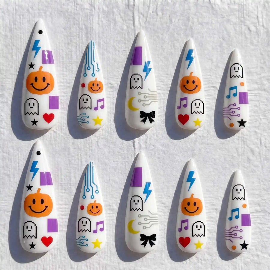 Retro Ghost Pumpkin Halloween Stiletto Press-On Nails