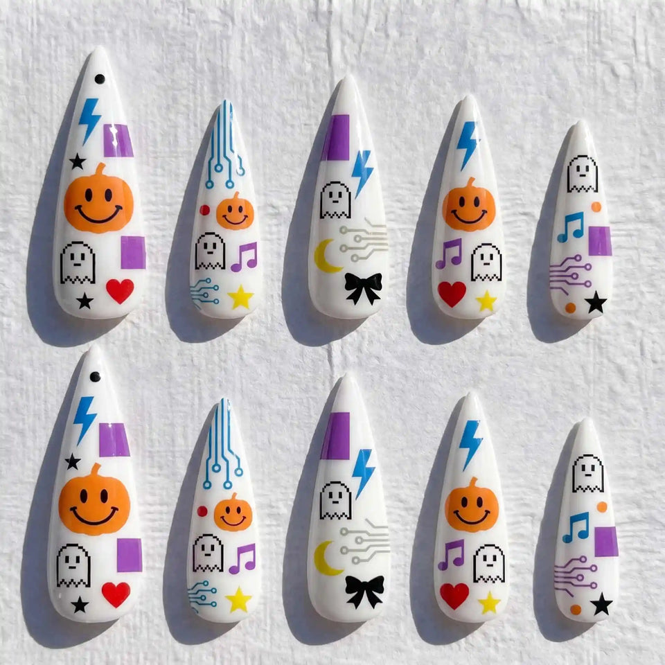 retro ghosts, pumpkins, and lightning bolts halloween stiletto press on nails — spooky season design