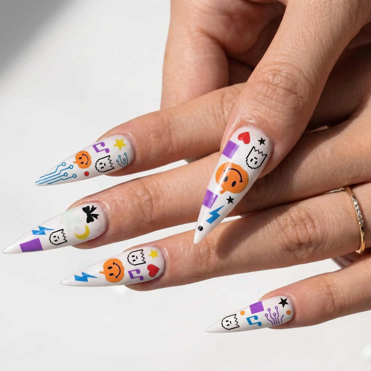 halloween stiletto press on nails worn look, retro ghosts, pumpkins, and lightning bolts