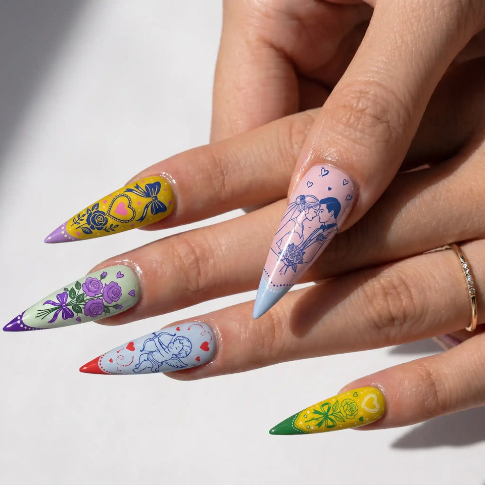 long glossy stiletto french tip press on nails worn look, romantic floral