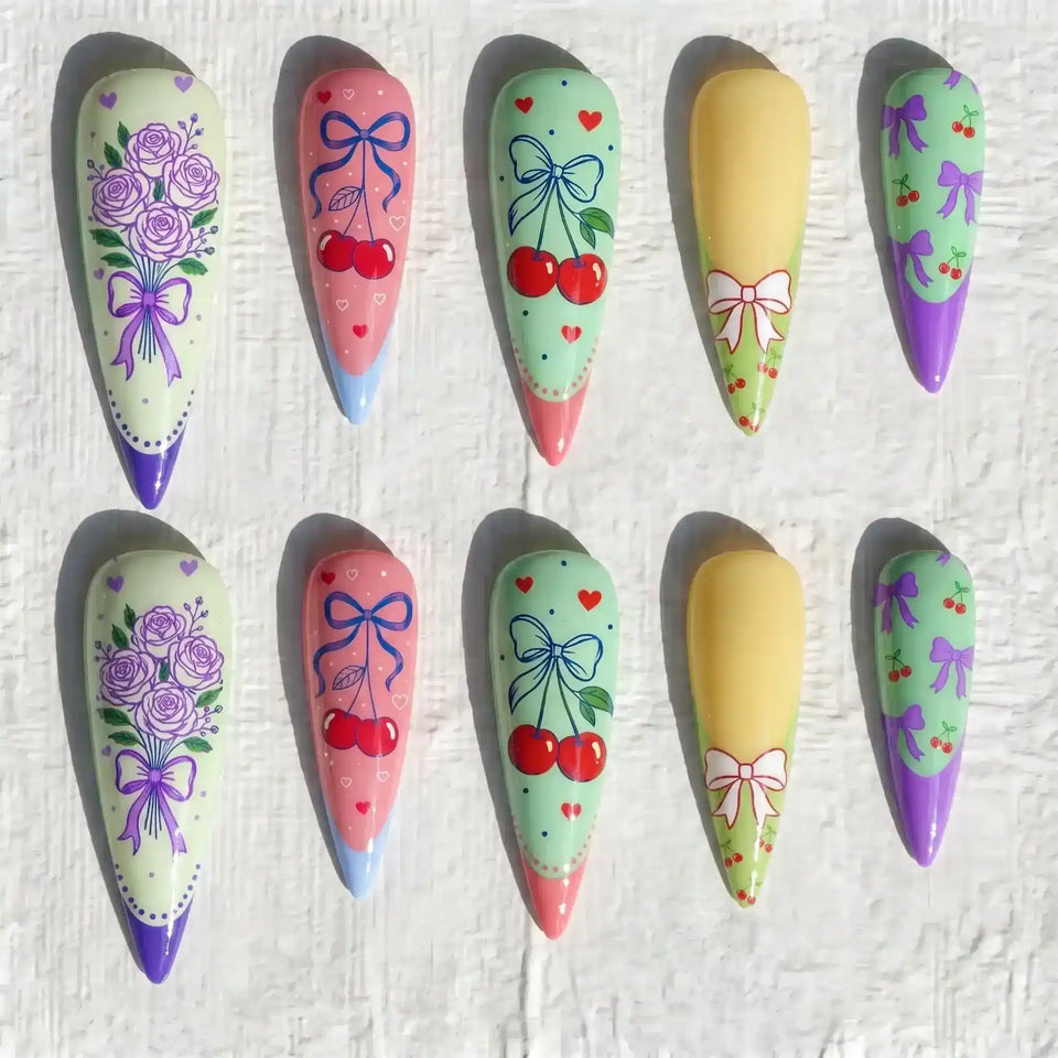 rose ribbon french tip stiletto press on nails — wedding bridal design