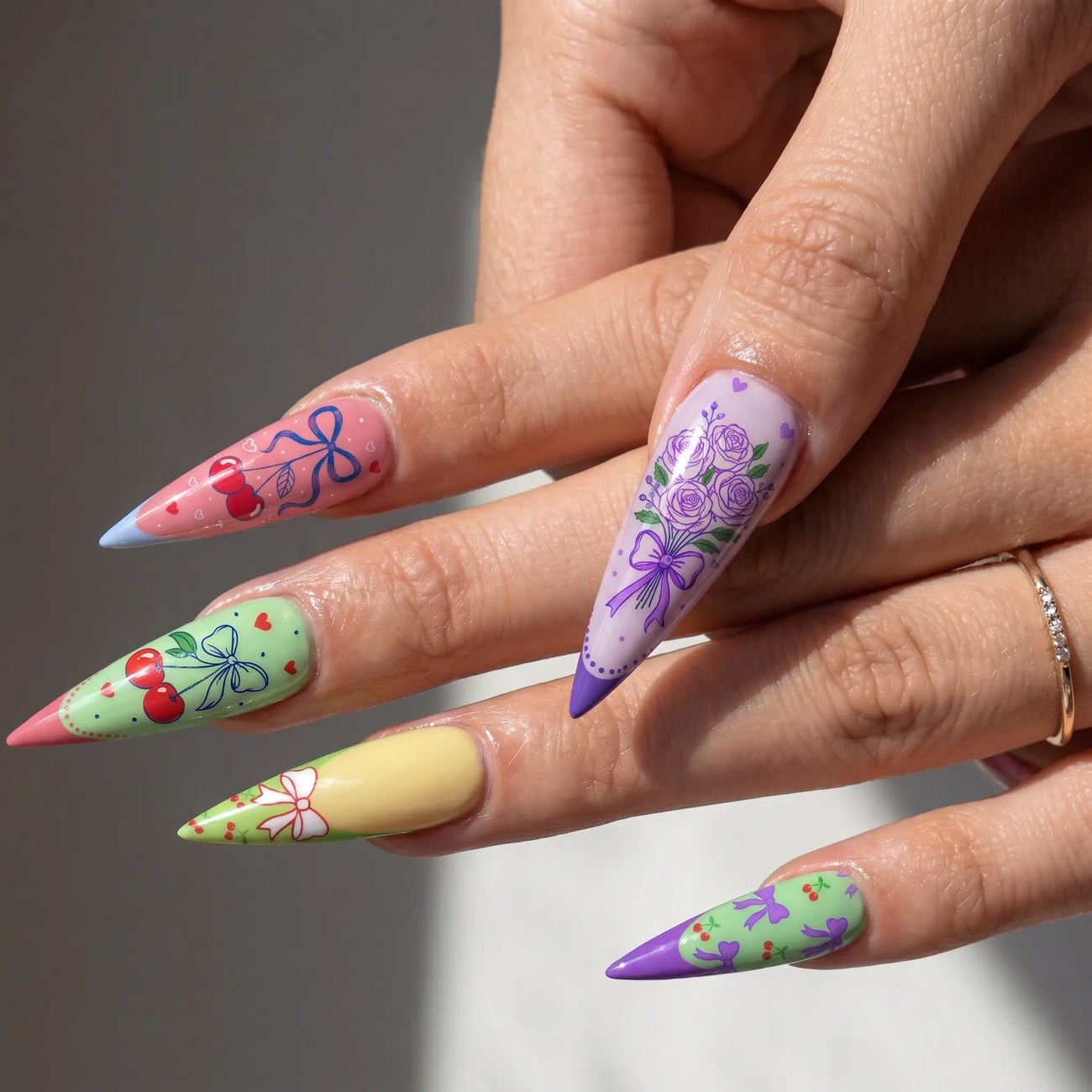 long glossy stiletto french tip press on nails worn look, rose ribbon